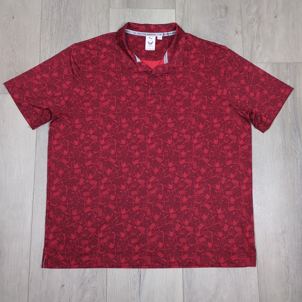 Puma Voliton America Polo Shirt Mens Extra Large Red Golf Clubs Flags Geometric